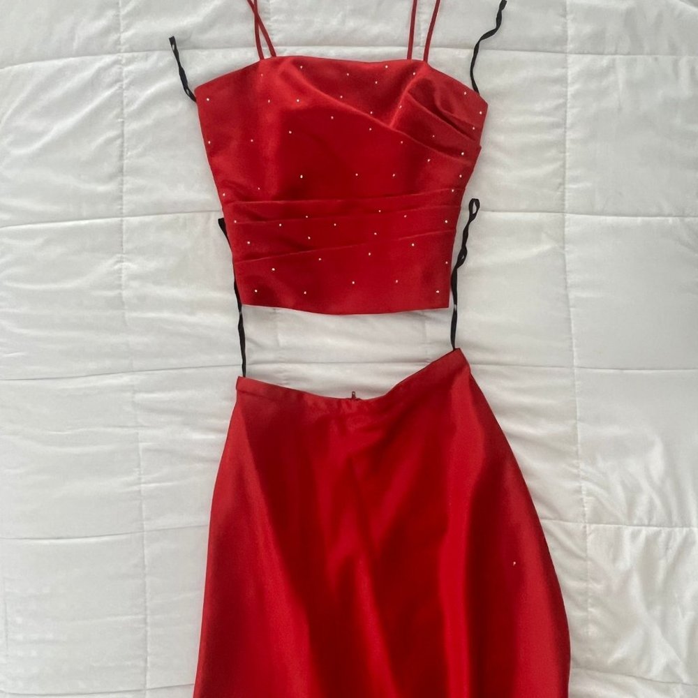 RED DREES TOP AND BOTTOM WITH GEMSTONES